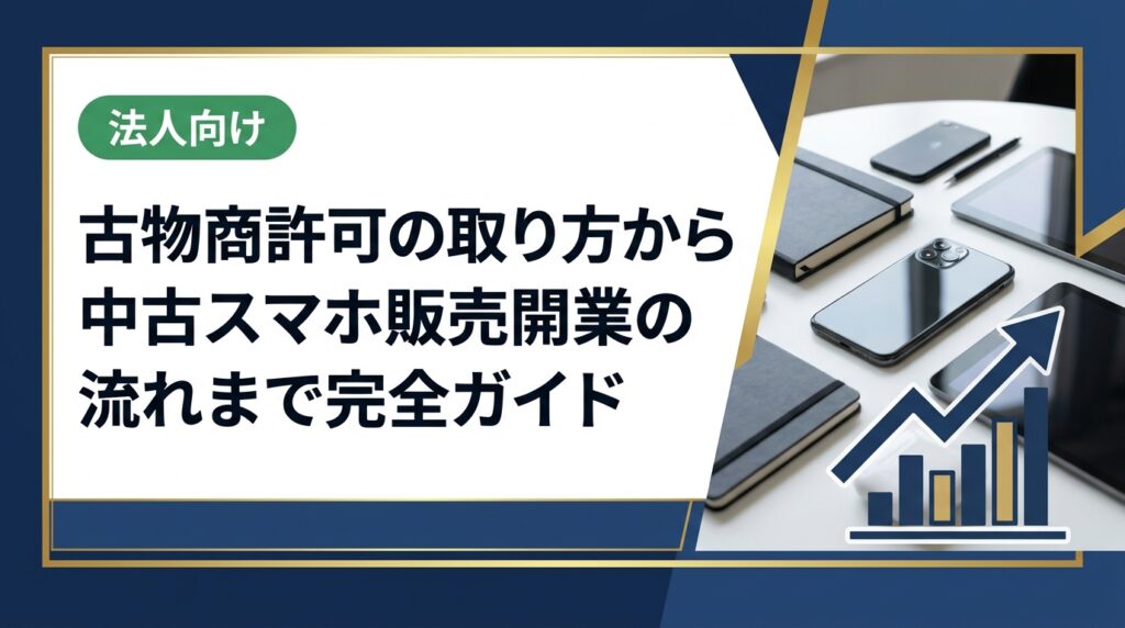 中古スマホ販売で開業するには古物商許可が必須です。許可申請の手順、仕入れルートの選び方、ランク・検品ポイント、赤ロム等のリスク回避まで実務的に解説します。