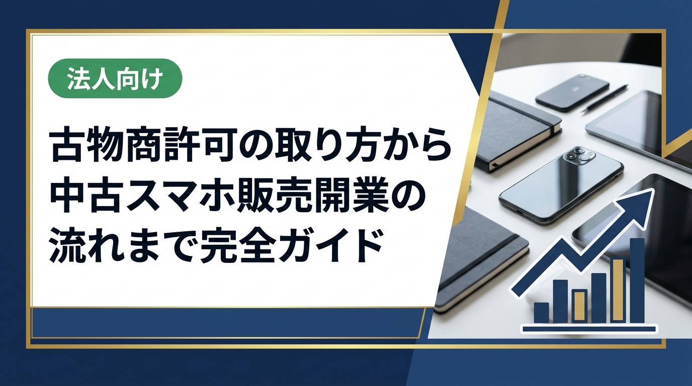 中古スマホ販売で開業するには古物商許可が必須です。許可申請の手順、仕入れルートの選び方、ランク・検品ポイント、赤ロム等のリスク回避まで実務的に解説します。