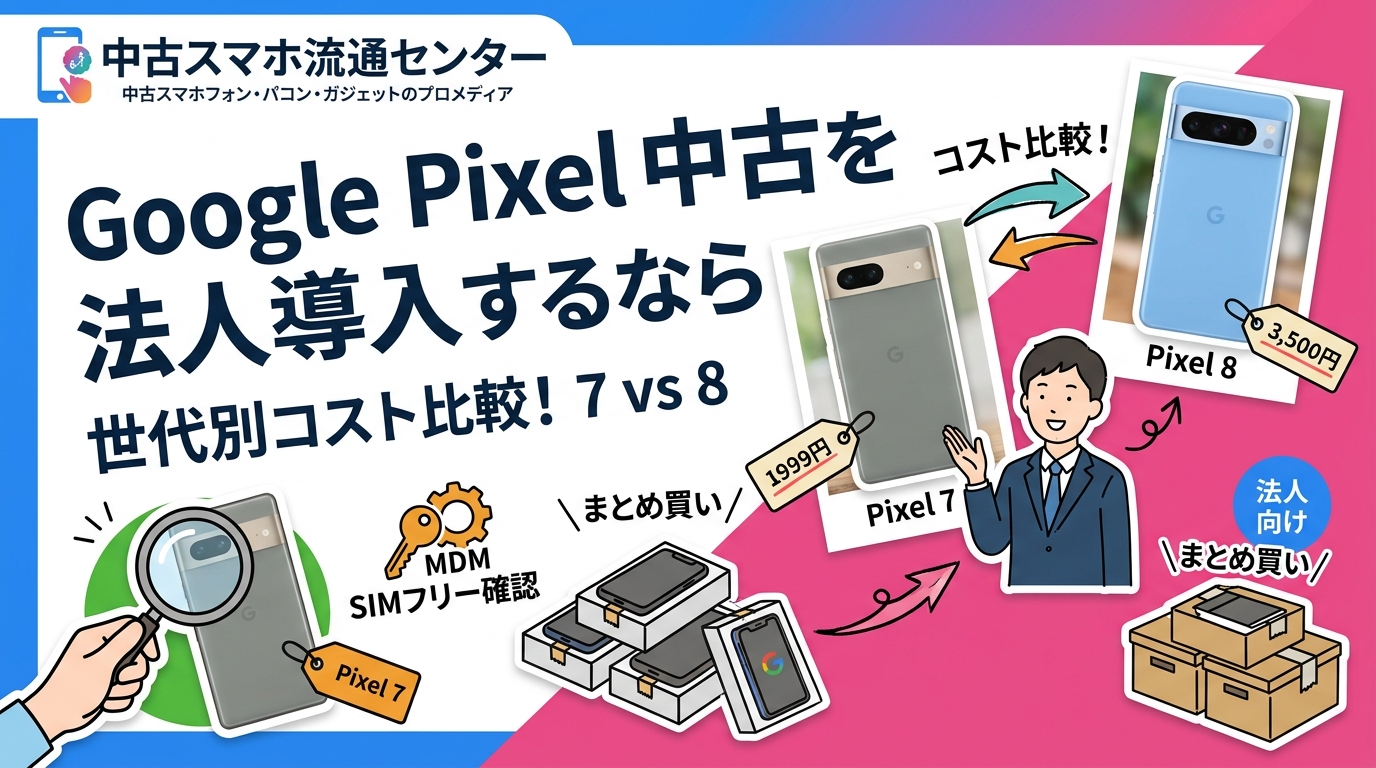 Google Pixel中古スマホの法人導入コストをPixel 7・8世代別に比較。まとめ買いのメリット、MDM対応、SIMフリー確認方法まで情シス・調達担当向けに実務的に解説します。