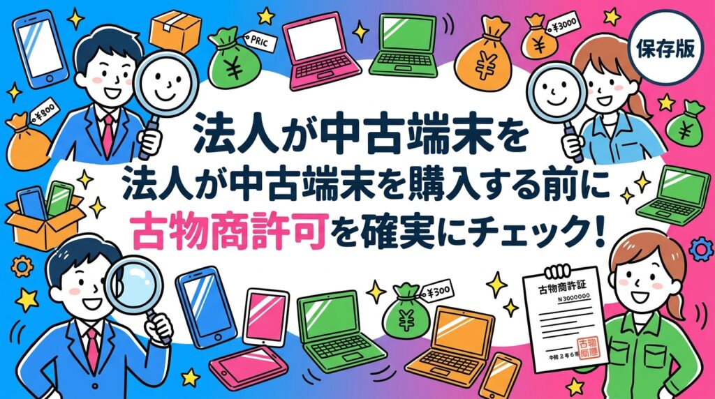 法人が中古スマホ・PCを購入する際、取引先の古物商許可証の確認方法を総務・情シス担当者向けに解説。古物商番号の調べ方や信頼できる業者の選び方チェックポイントも紹介します。