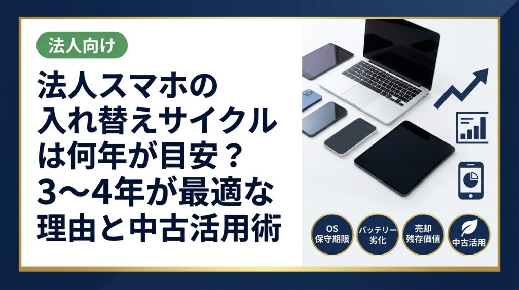 法人スマホの入れ替えサイクルは3〜4年が一般的な目安です。OS保守期限・バッテリー劣化・売却残存価値の観点から最適タイミングを解説。中古端末活用でコスト削減する方法も紹介。