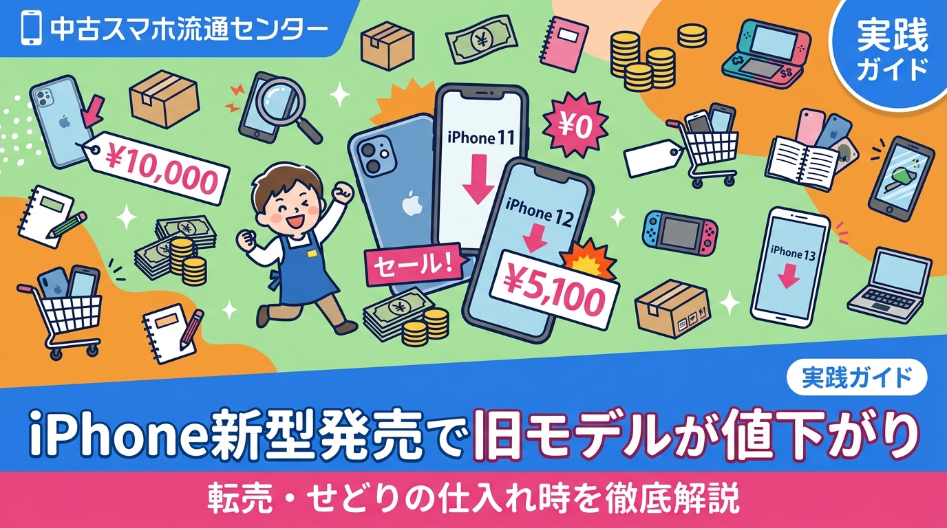 iPhoneの新型発売後に旧モデルが値下がりするタイミングを実務目線で解説。需要・仕入値と売値の差・リスク・古物商許可の要否まで転売・せどり実践者向けに詳しく紹介します。