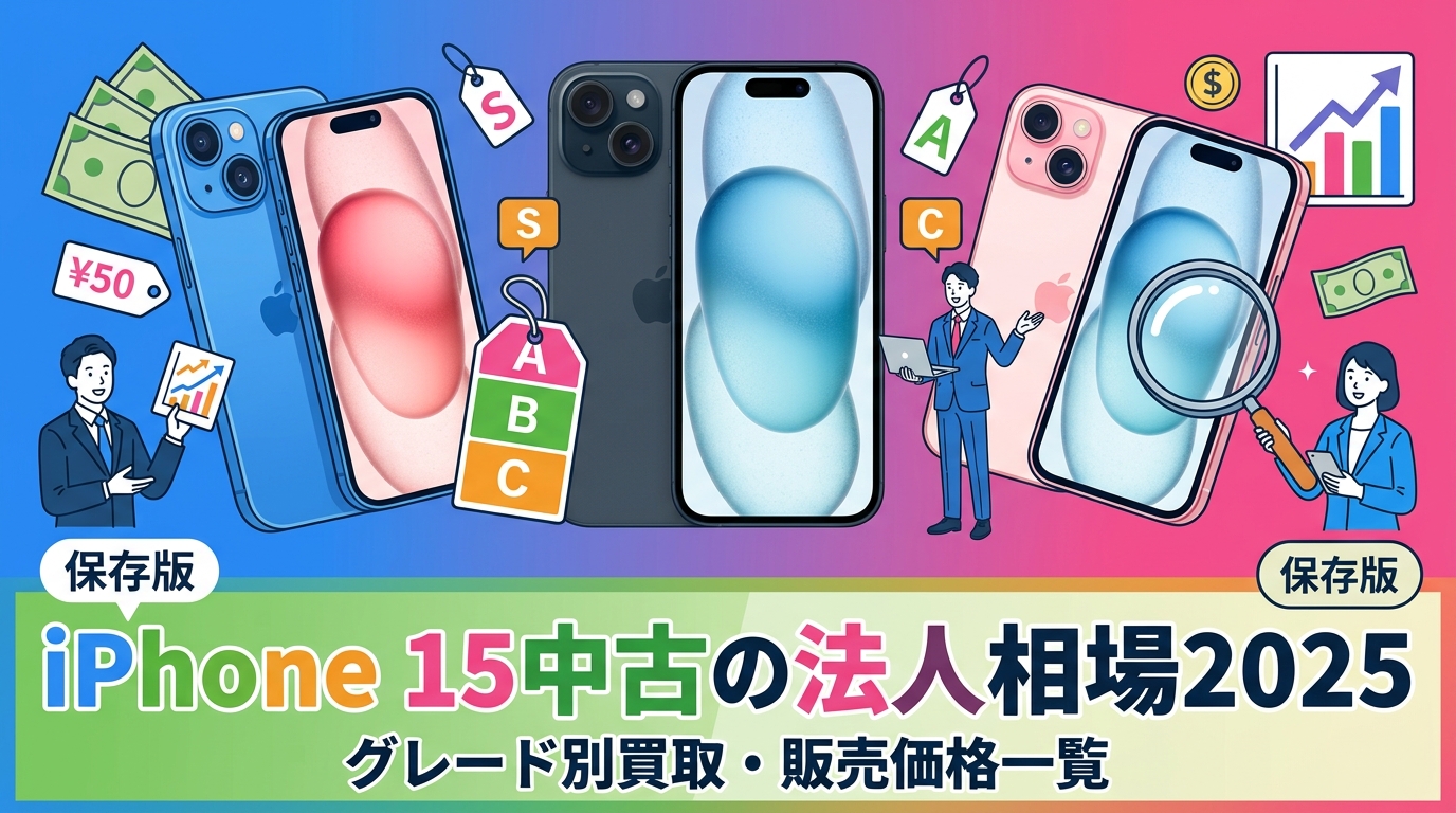iPhone 15シリーズの中古相場を法人向けにグレード別(S/A/B/C)で解説。買取・販売両方の価格帯目安や査定のポイントを実務的にまとめました。相場は市場状況により変動します。