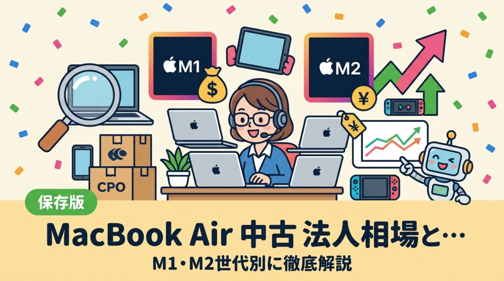 法人向け中古MacBook Airの相場をM1・M2世代別に解説。導入時の注意点・データ消去・保証など情シス担当が知っておくべき実務ポイントをまとめました。