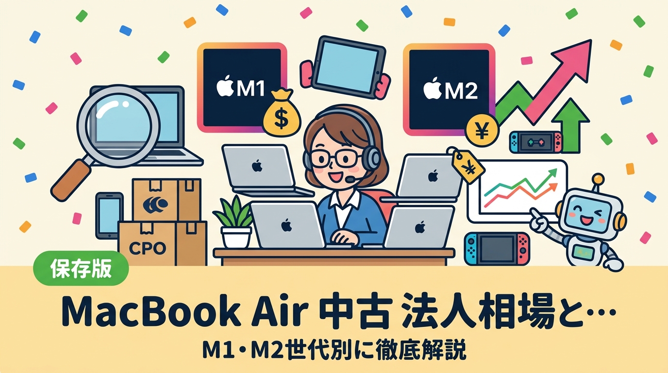 法人向け中古MacBook Airの相場をM1・M2世代別に解説。導入時の注意点・データ消去・保証など情シス担当が知っておくべき実務ポイントをまとめました。