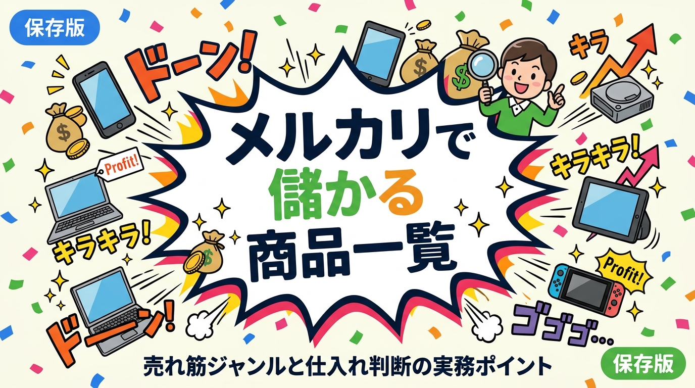 メルカリで儲かる商品ジャンルを需要・利益幅・リスクの3軸で比較。スマホ・PC・iPad・ゲーム機など売れ筋ランキングを実務目線で解説。古物商許可の注意点も網羅。