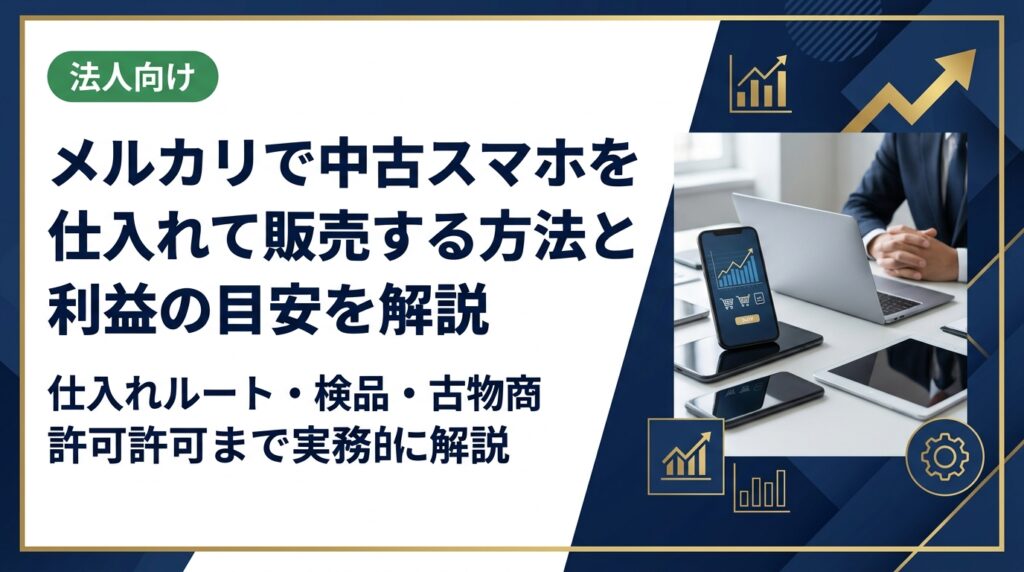メルカリや卸業者など中古スマホの仕入れルートの特徴・利益目安・リスク回避・検品ポイントを実務的に解説。古物商許可の取得方法も正確に案内します。