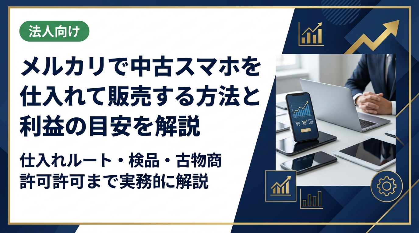 メルカリや卸業者など中古スマホの仕入れルートの特徴・利益目安・リスク回避・検品ポイントを実務的に解説。古物商許可の取得方法も正確に案内します。