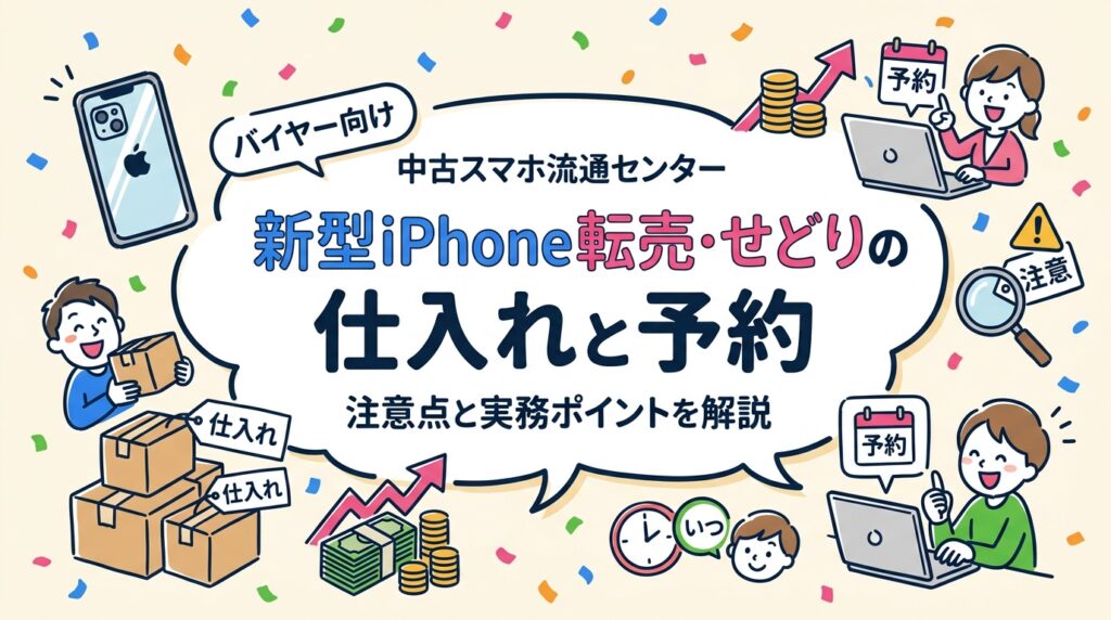 新型iPhone発売に合わせた転売・せどりの仕入れ・予約タイミングや注意点を実務目線で解説。古物商許可・相場下落リスク・失敗パターンも正直に紹介し、法人バイヤー向け仕入れ情報もご案内。