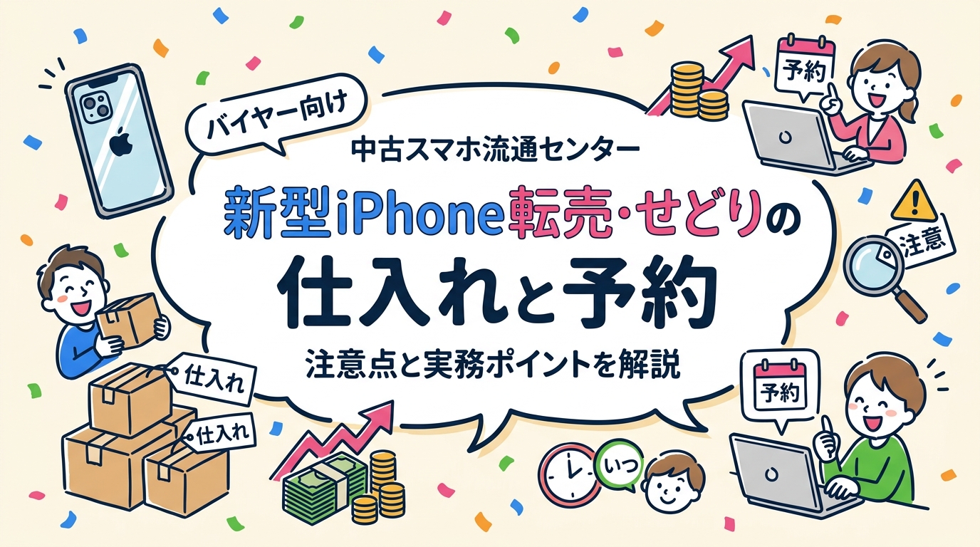 新型iPhone発売に合わせた転売・せどりの仕入れ・予約タイミングや注意点を実務目線で解説。古物商許可・相場下落リスク・失敗パターンも正直に紹介し、法人バイヤー向け仕入れ情報もご案内。