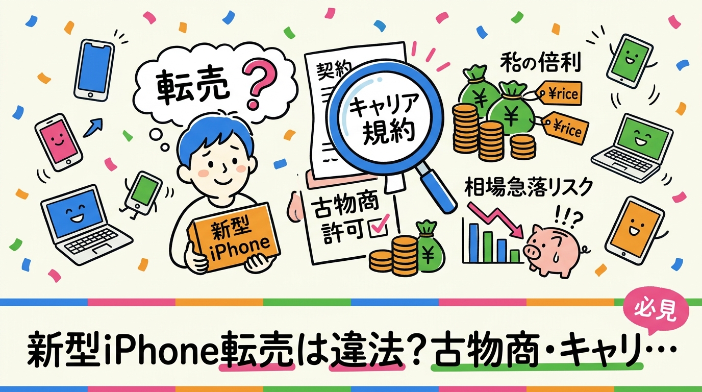 新型iPhoneの転売に必要な古物商許可、キャリア規約の注意点、相場急落リスクまで実務目線で解説。副業・開業を検討する方が知っておくべき法的義務と失敗パターンを正直にまとめました。