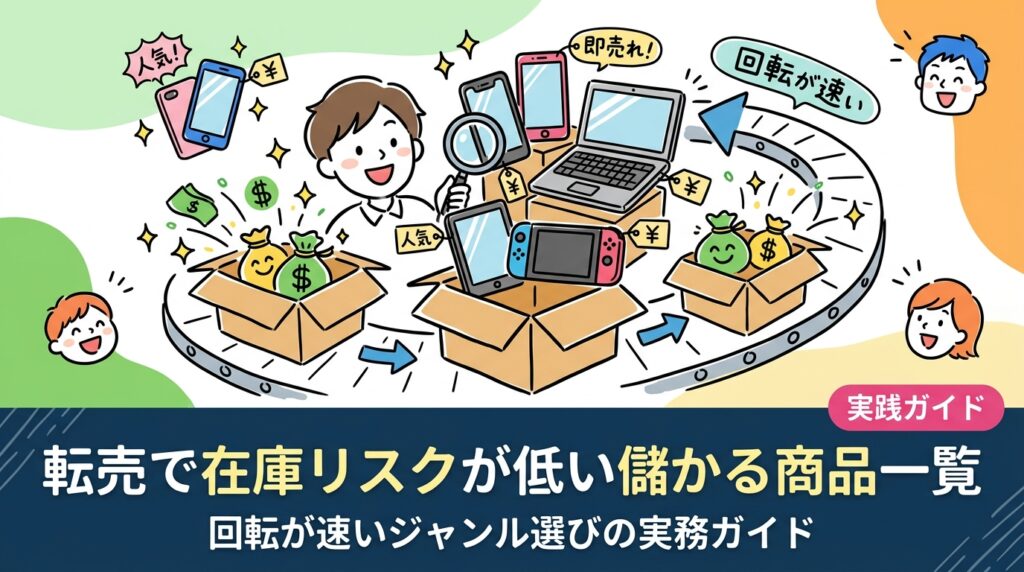 転売・せどり実践者向けに、在庫リスクが低く回転の速い儲かる商品ジャンルを一覧で解説。需要・仕入値と売値の差・リスクの3軸で比較し、失敗パターンや古物商許可の注意点も正直に紹介。
