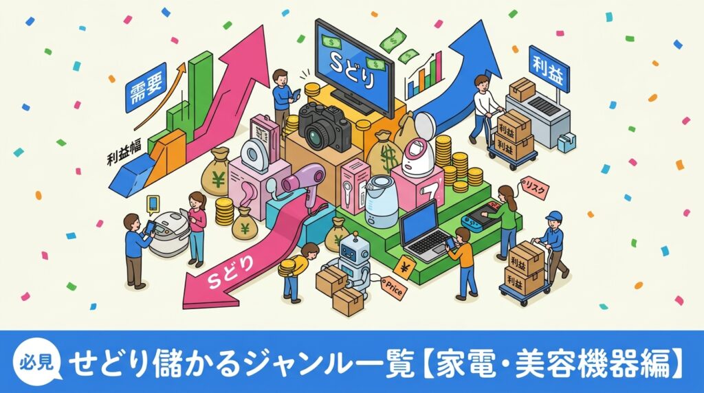 せどりで儲かる家電・美容機器ジャンルを一覧で解説。需要・利益幅・リスクの3軸で比較し、仕入れの実務ポイントと失敗パターンも正直に紹介します。