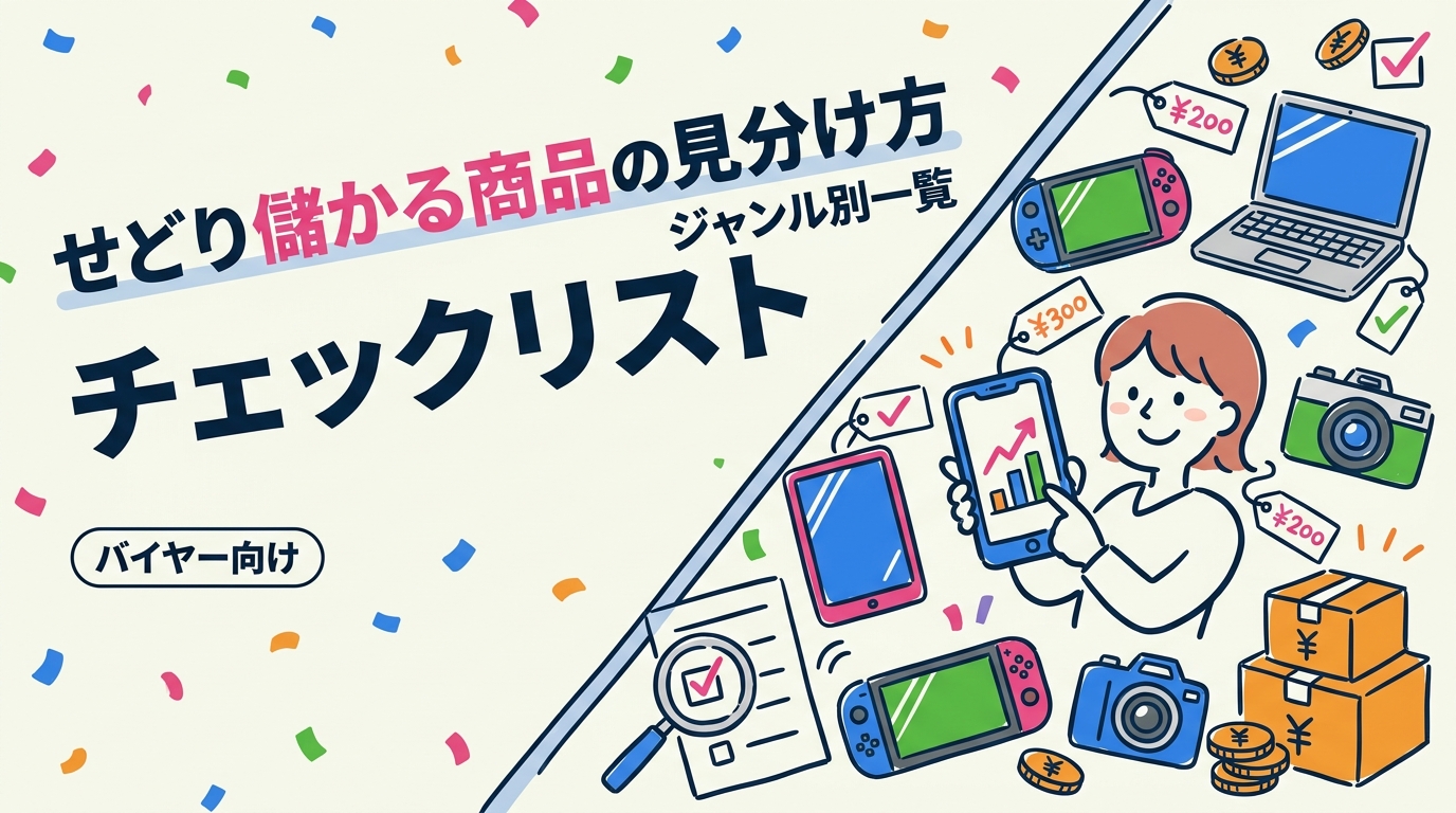 せどりで儲かる商品の見分け方を需要・利幅・リスクの3軸で解説。スマホ・PC・iPad等ジャンル別チェックリスト付き。古物商許可や失敗パターンも正直に案内します。