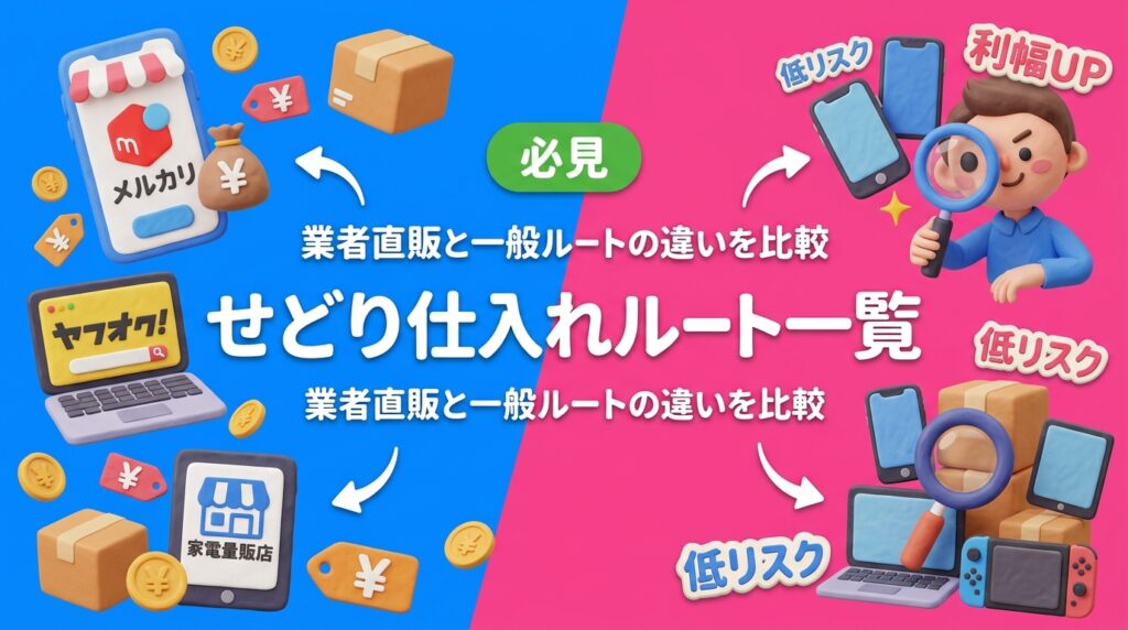 せどり・転売の仕入れルートをメルカリ・ヤフオク・家電量販店・業者直販で徹底比較。回転・利幅・リスクの3軸で解説し、中古スマホ・PCジャンルの狙い目を実務目線で紹介します。