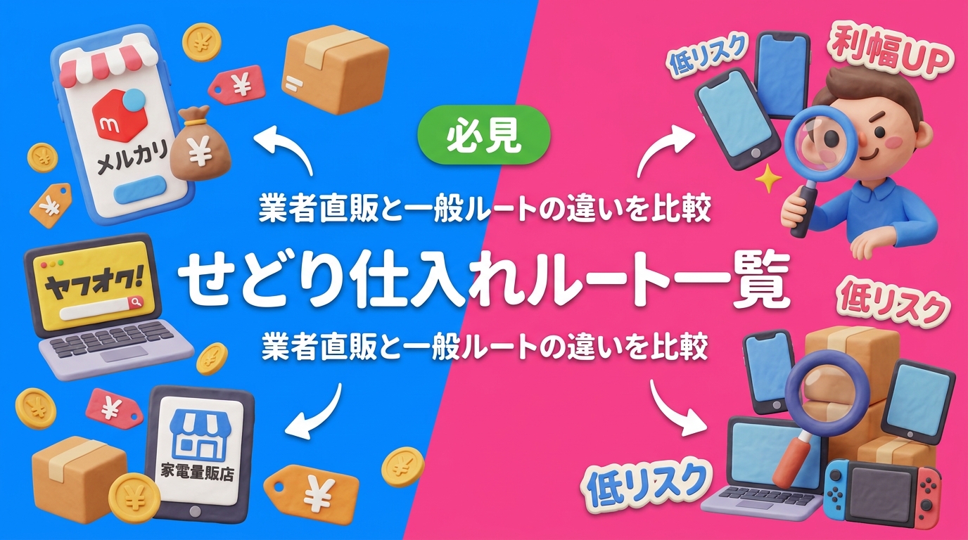 せどり・転売の仕入れルートをメルカリ・ヤフオク・家電量販店・業者直販で徹底比較。回転・利幅・リスクの3軸で解説し、中古スマホ・PCジャンルの狙い目を実務目線で紹介します。
