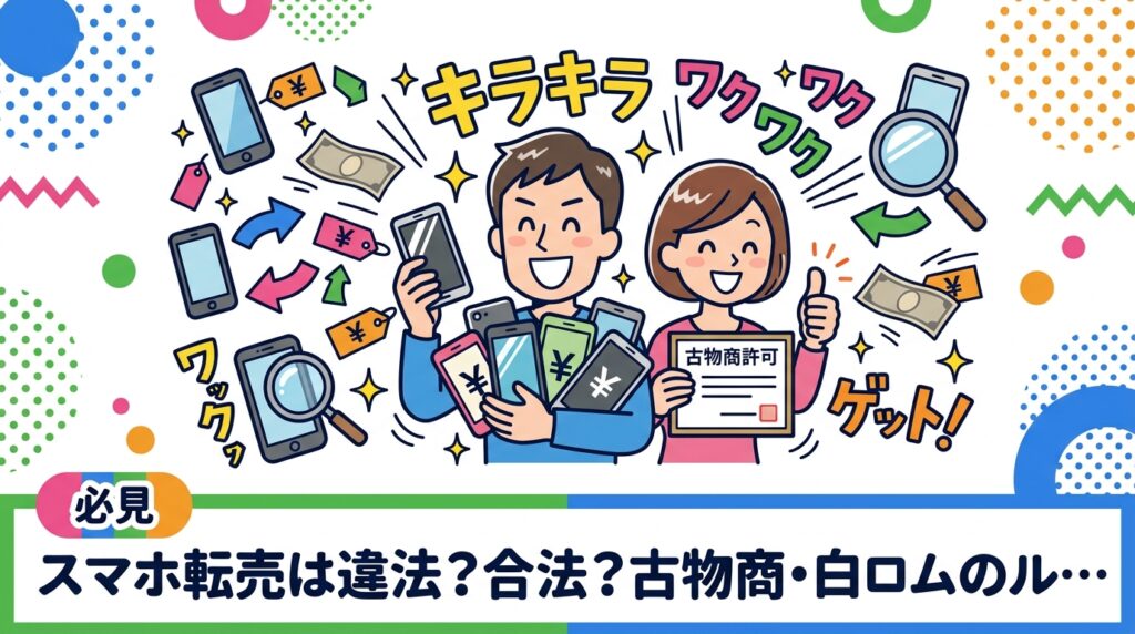 スマホ転売が合法・違法になる境界線、古物商許可の必要性、白ロム・赤ロムのリスク、仕入れと売値の差を実務目線で解説。副業・開業準備の方が失敗しないための基礎知識をまとめました。