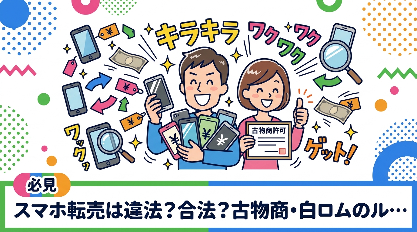 スマホ転売が合法・違法になる境界線、古物商許可の必要性、白ロム・赤ロムのリスク、仕入れと売値の差を実務目線で解説。副業・開業準備の方が失敗しないための基礎知識をまとめました。