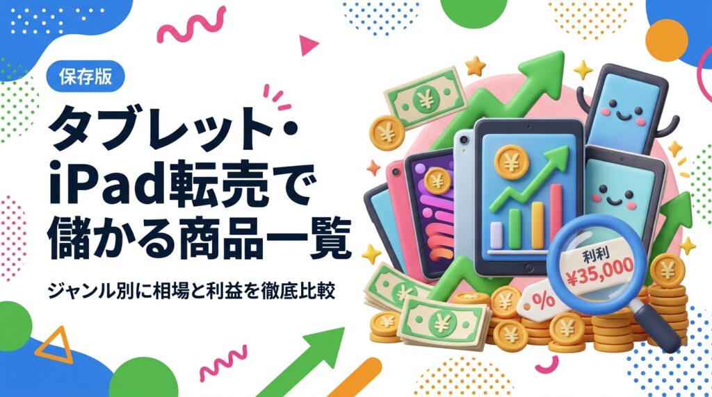 タブレット・iPad転売で儲かる商品を一覧で解説。ジャンル別の目安相場・回転速度・リスクを比較し、仕入れ時の注意点や古物商許可の要否まで実務目線で紹介します。