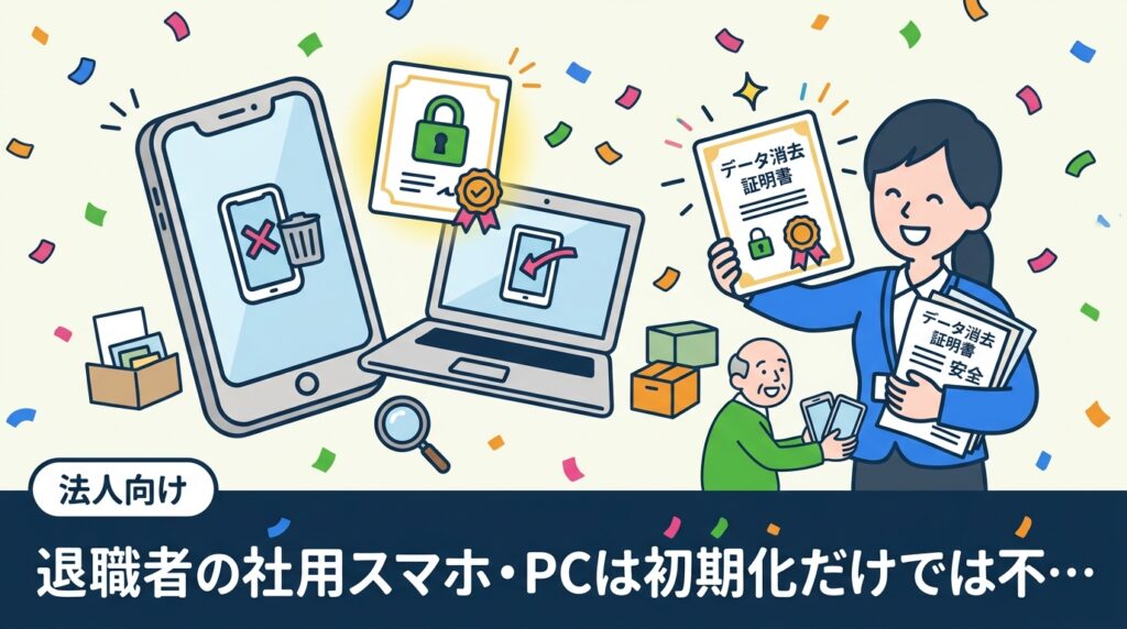 退職者から回収した社用スマホ・PCの安全な処分手順を解説。初期化だけでは残るデータ消去リスクと、法人向けデータ消去証明書の重要性・発行フローを情シス・総務担当向けに詳しく紹介します。