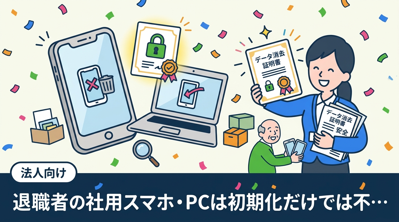 退職者から回収した社用スマホ・PCの安全な処分手順を解説。初期化だけでは残るデータ消去リスクと、法人向けデータ消去証明書の重要性・発行フローを情シス・総務担当向けに詳しく紹介します。