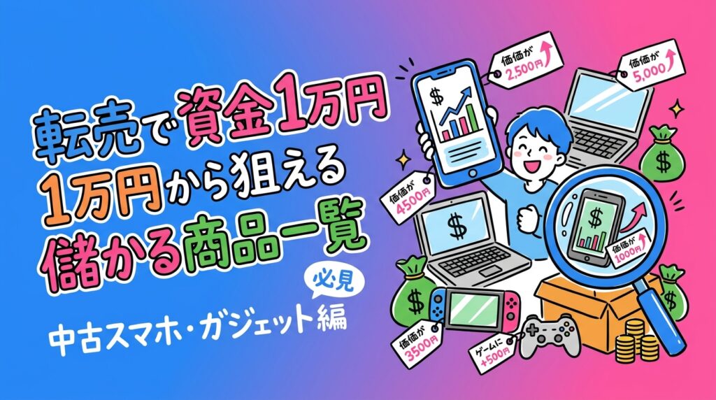 転売・せどりを資金1万円から始めたい方向けに、中古スマホ・タブレット・PCなど儲かりやすい商品ジャンルを需要・差益・リスクの3軸で比較。古物商許可の注意点も正直に解説します。