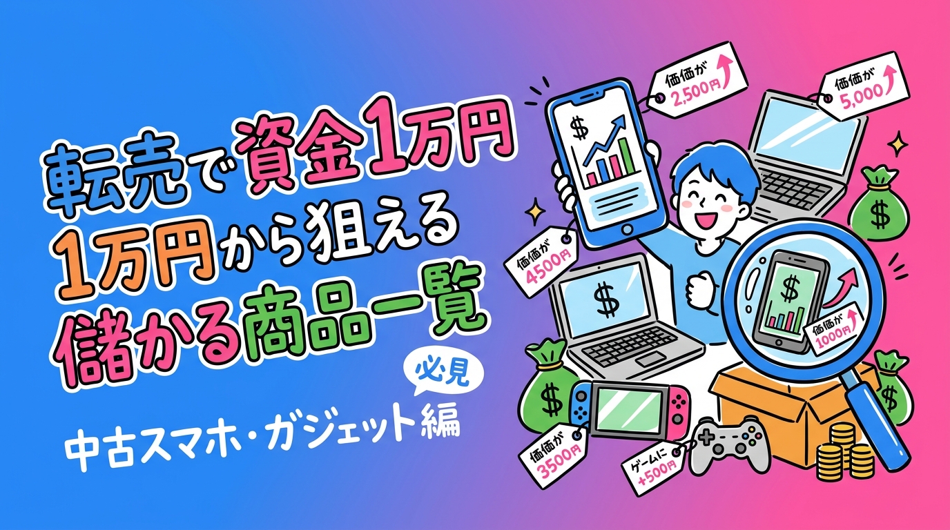 転売・せどりを資金1万円から始めたい方向けに、中古スマホ・タブレット・PCなど儲かりやすい商品ジャンルを需要・差益・リスクの3軸で比較。古物商許可の注意点も正直に解説します。