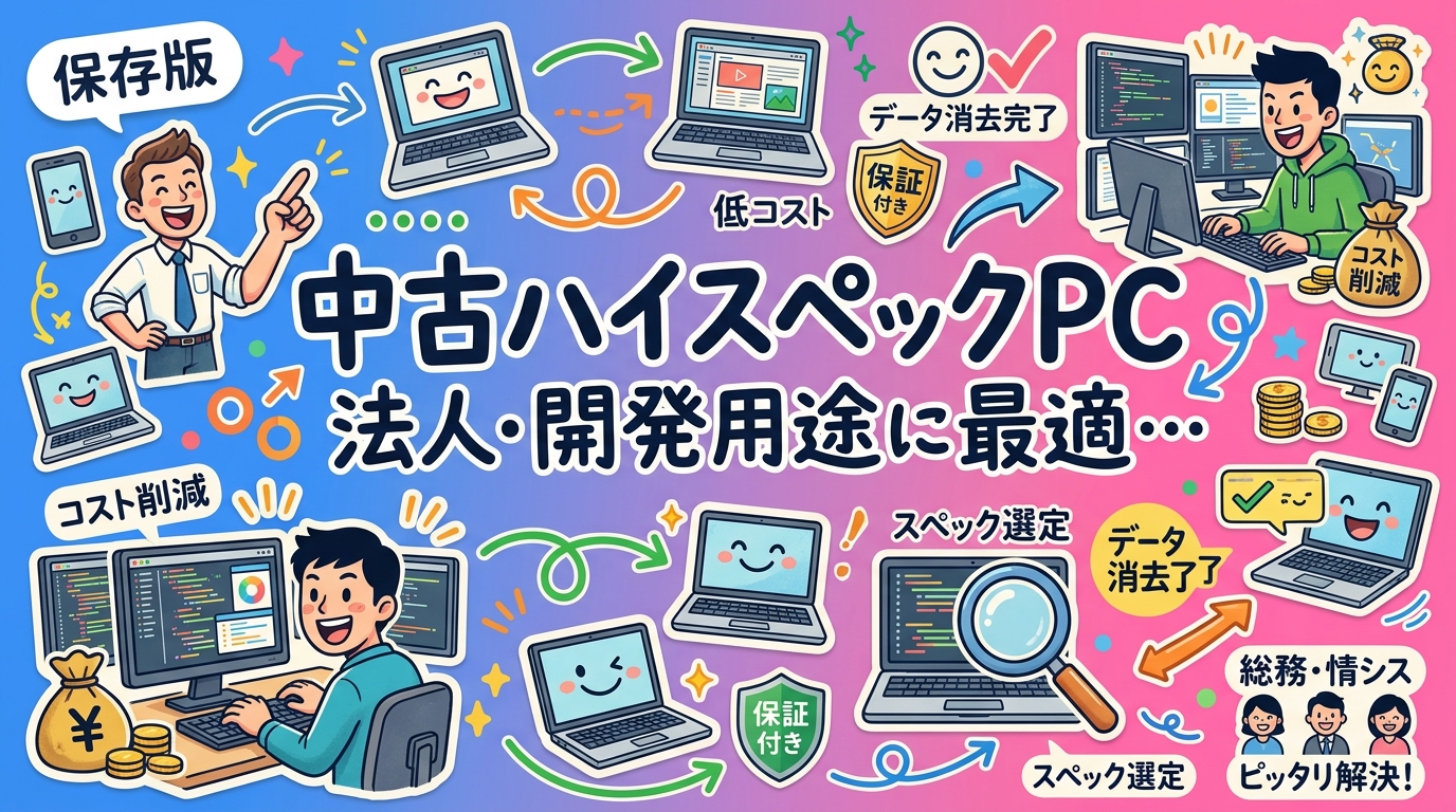 法人が開発用に中古ハイスペックPCを調達する際のポイントを実務視点で解説。スペック選定・コスト比較・データ消去・保証まで、総務・情シス担当者が知っておくべき情報を網羅します。
