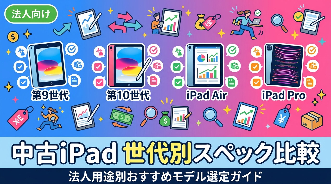 法人向けに中古iPadの世代別スペックを徹底比較。第9・10世代・iPad Air・iPad Proの用途別おすすめと価格帯目安を情シス・購買担当向けに実務的に解説します。