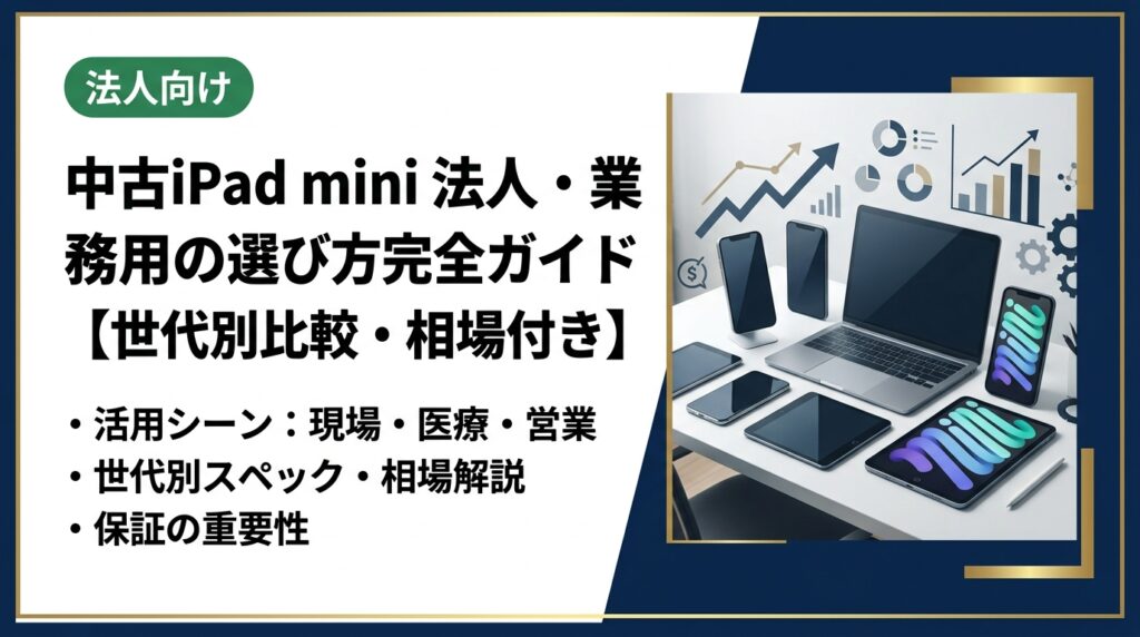 法人で中古iPad miniを業務導入する際の選び方を徹底解説。現場・医療・営業向けの活用シーン、世代別スペック比較、中古相場目安、保証の重要性まで情シス担当が知りたい実務情報をまとめています。