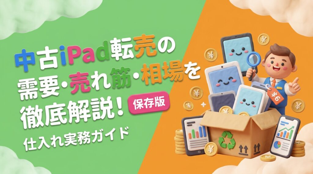 中古iPadの転売需要・売れ筋機種・仕入れ相場を実務目線で解説。回転率・利益幅・赤ロムリスク・古物商許可まで、せどり・バイヤー向けに具体的にまとめました。