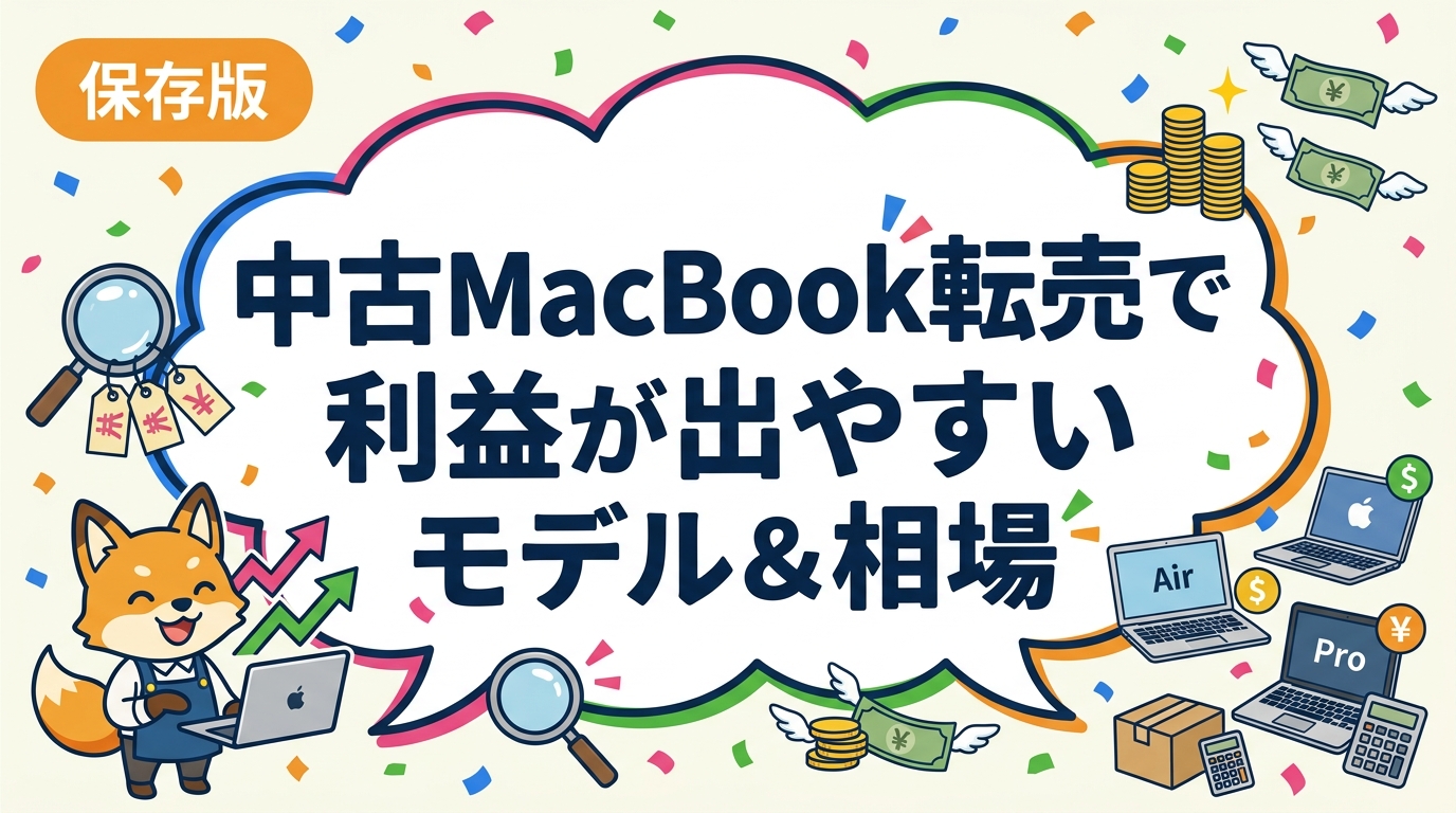 中古MacBook転売で利益が出やすいモデル・相場の目安を実務目線で解説。仕入値と売値の差、需要の回転速度、失敗リスク、古物商許可の必要性まで網羅。せどり・バイヤー必読。
