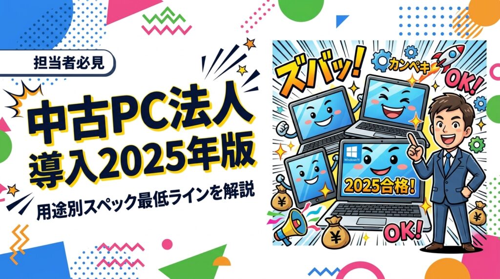 2025年に法人で中古PCを導入する際のスペック最低ラインを用途別に解説。CPU世代・RAM・SSD容量・Windows11対応可否を情シス担当者向けに具体的な目安でまとめています。
