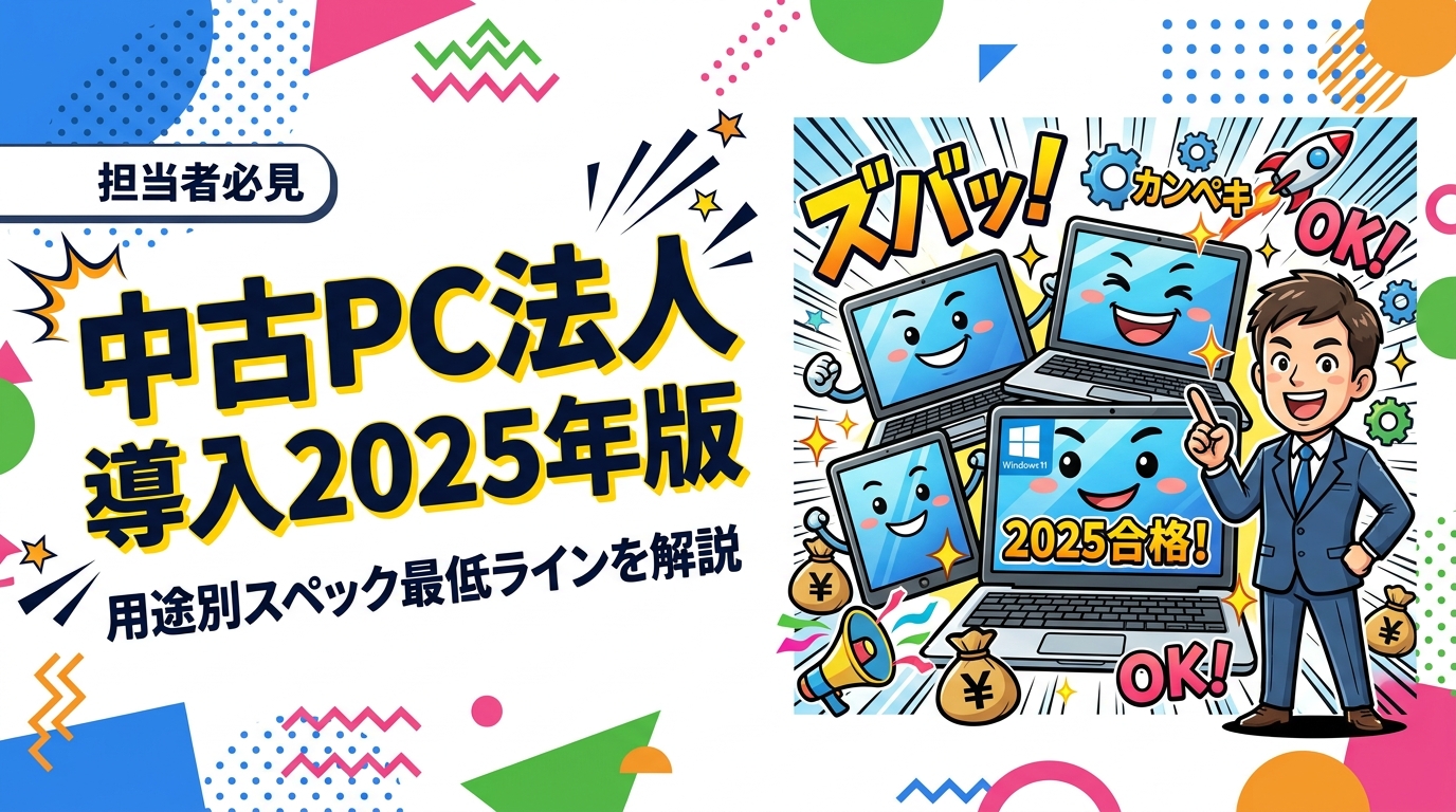 2025年に法人で中古PCを導入する際のスペック最低ラインを用途別に解説。CPU世代・RAM・SSD容量・Windows11対応可否を情シス担当者向けに具体的な目安でまとめています。