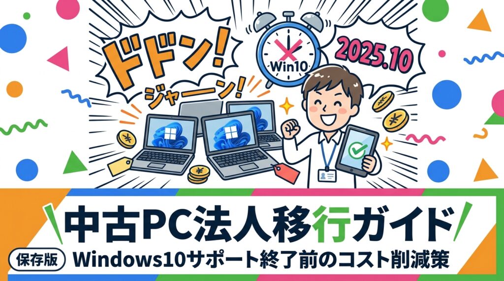 2025年10月のWindows10サポート終了前に、法人担当者が知っておくべき中古Windows11対応PCへの移行手順とコスト比較を実務的に解説。新品vs中古の試算例も掲載。