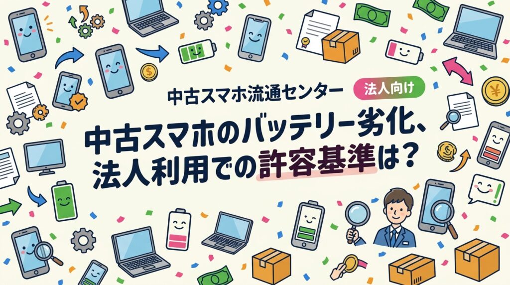 法人向け中古スマホのバッテリー劣化許容基準を解説。最大容量80%以上が目安とされる理由や検品基準、購入後の交換費用概算まで情シス担当者が知りたい実務情報をまとめています。