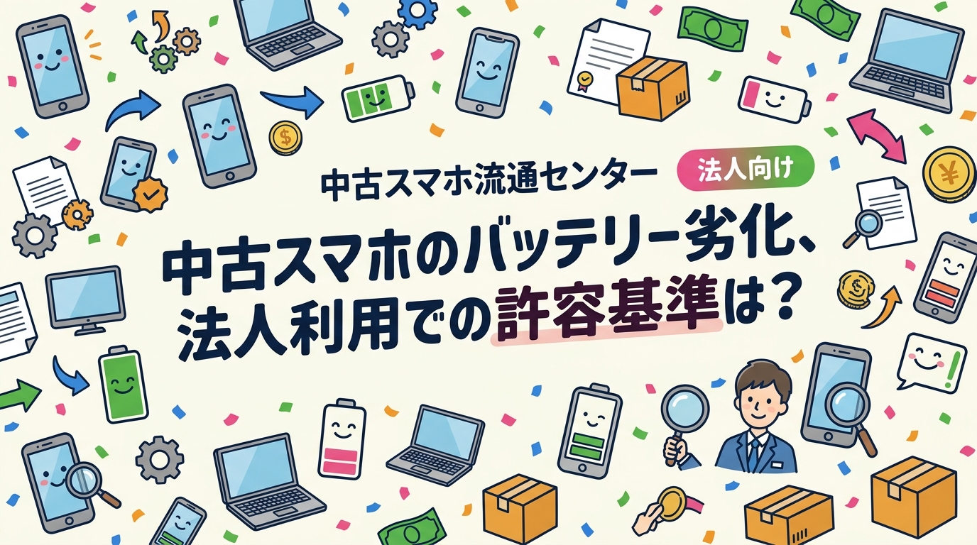 法人向け中古スマホのバッテリー劣化許容基準を解説。最大容量80%以上が目安とされる理由や検品基準、購入後の交換費用概算まで情シス担当者が知りたい実務情報をまとめています。