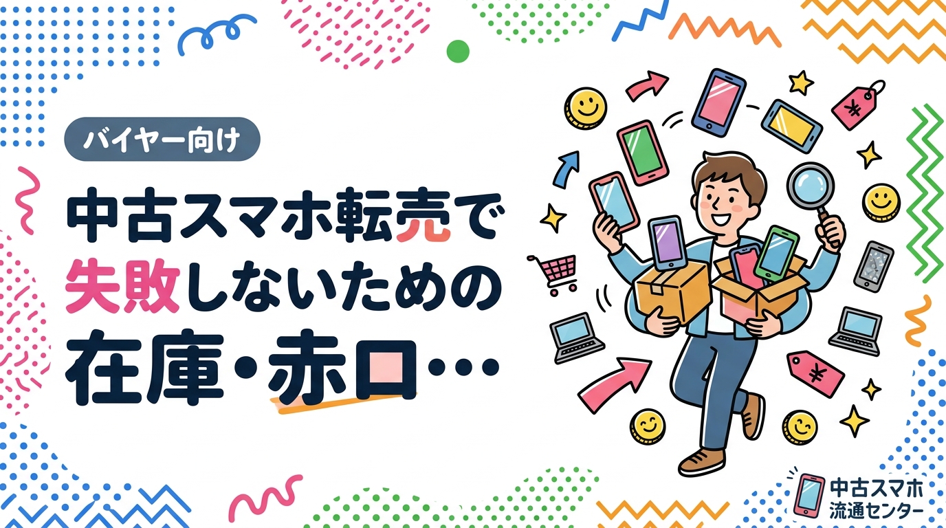 中古スマホ転売の失敗パターン（在庫滞留・赤ロム・相場下落）と実践的な対策を解説。古物商許可の必要性、機種選びのコツ、仕入れリスク低減まで総務・せどり実践者向けに網羅。
