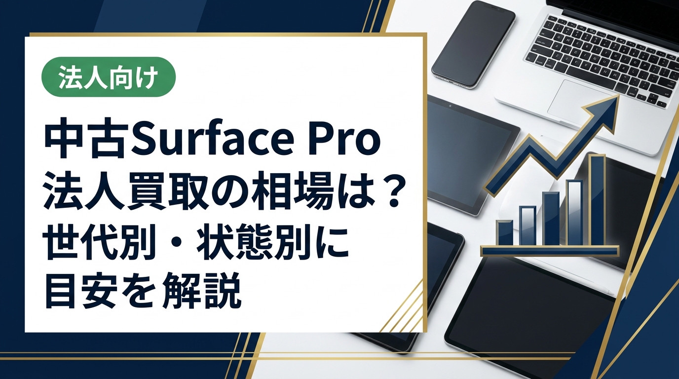 中古Surface Pro（8〜10世代）の法人買取相場を世代別・状態別に解説。LTE／Wi-Fiモデルの価格差、キーボード・ペンの有無が査定に与える影響も具体的に説明します。