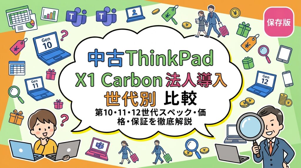 中古ThinkPad X1 Carbonを法人導入する際の第10・11・12世代のスペック差異・価格帯・保証を総務・情シス向けに実務的に解説。Excel・Teams・出張用途の選び方がわかります。