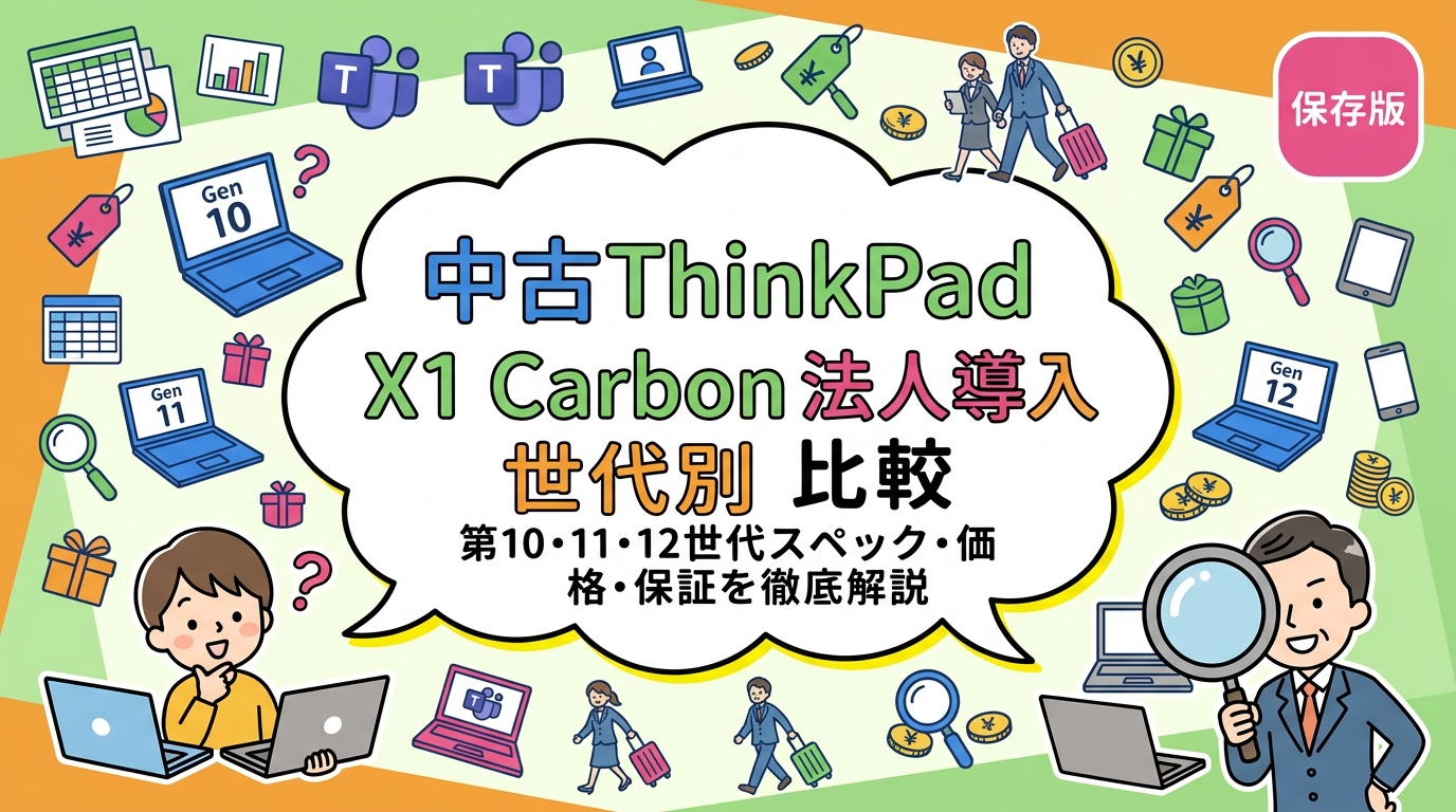 中古ThinkPad X1 Carbonを法人導入する際の第10・11・12世代のスペック差異・価格帯・保証を総務・情シス向けに実務的に解説。Excel・Teams・出張用途の選び方がわかります。
