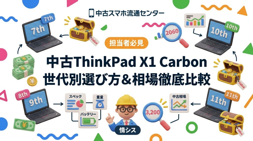 中古ThinkPad X1 Carbonの第7〜11世代を法人視点でスペック・重量・バッテリー・中古相場を徹底比較。情シス・購買担当が失敗しない選び方を実務的に解説します。