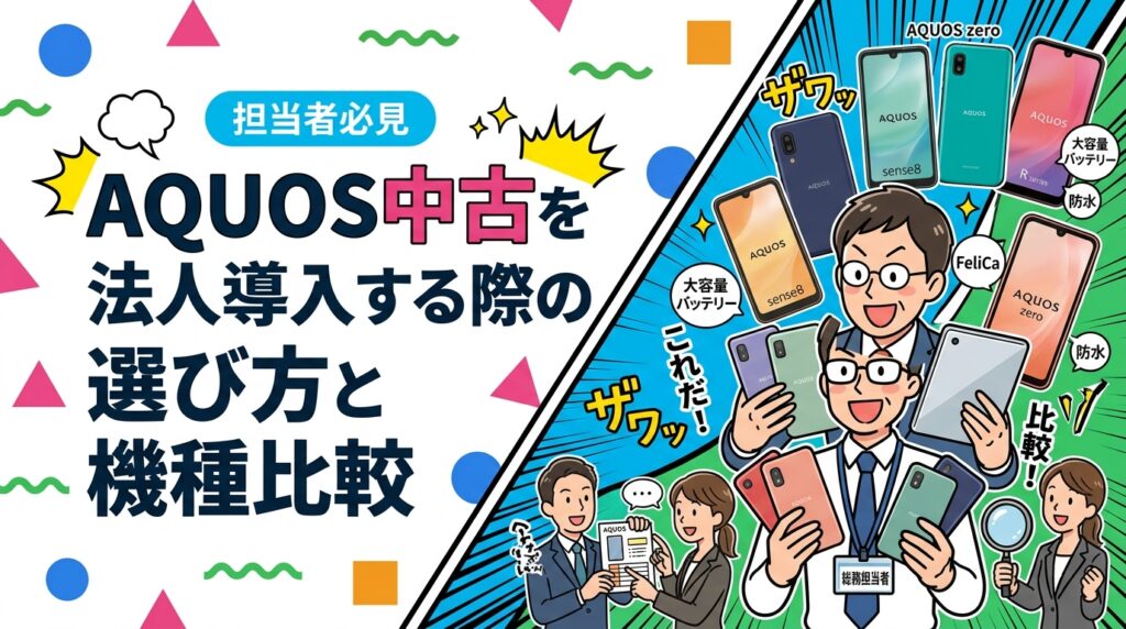 法人向けにAQUOS中古スマホを社用携帯として導入する際の機種選びの観点・型番別比較・相場目安を総務担当者向けに実務的に解説します。