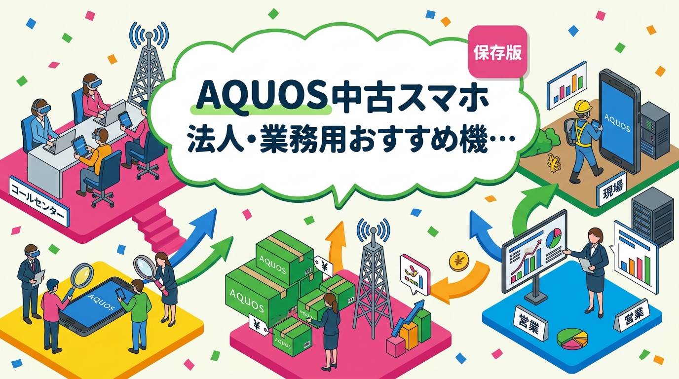 法人向けAQUOS中古スマホの機種選びを用途別に解説。現場・営業・コールセンター等のシーン別比較、スペック・バッテリー・防水性能を実務視点で整理し、一括調達コストの目安も掲示しています。