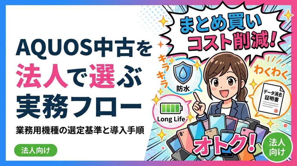 法人でAQUOS中古スマホを選ぶ際の実務フローを総務・情シス担当者向けに解説。防水・長期サポート・バッテリーなど選定基準から、まとめ買いのコスト試算、データ消去証明書対応まで具体的に紹介します。