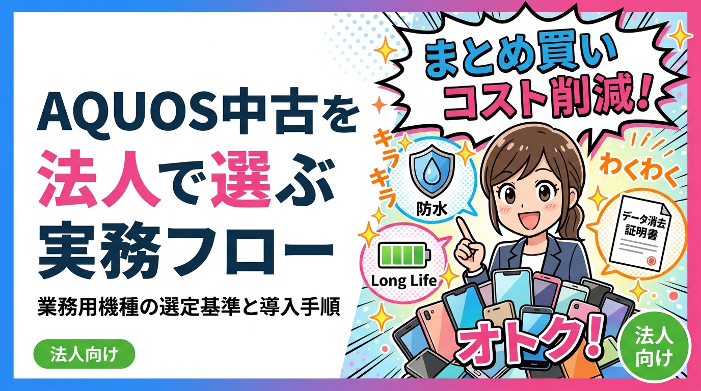 法人でAQUOS中古スマホを選ぶ際の実務フローを総務・情シス担当者向けに解説。防水・長期サポート・バッテリーなど選定基準から、まとめ買いのコスト試算、データ消去証明書対応まで具体的に紹介します。