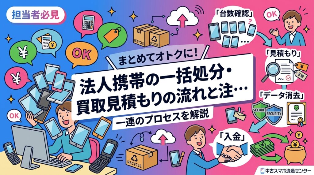 法人携帯を一括処分したい総務・経営管理担当者向けに、台数確認から入金までの流れ・見積もり依頼時の準備事項・データ消去証明書まで実務的に解説します。
