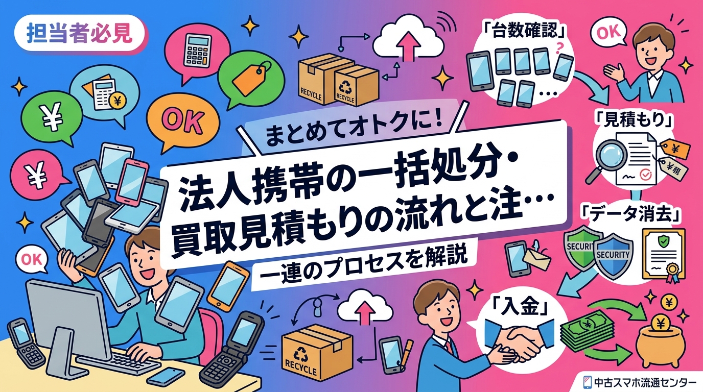 法人携帯を一括処分したい総務・経営管理担当者向けに、台数確認から入金までの流れ・見積もり依頼時の準備事項・データ消去証明書まで実務的に解説します。