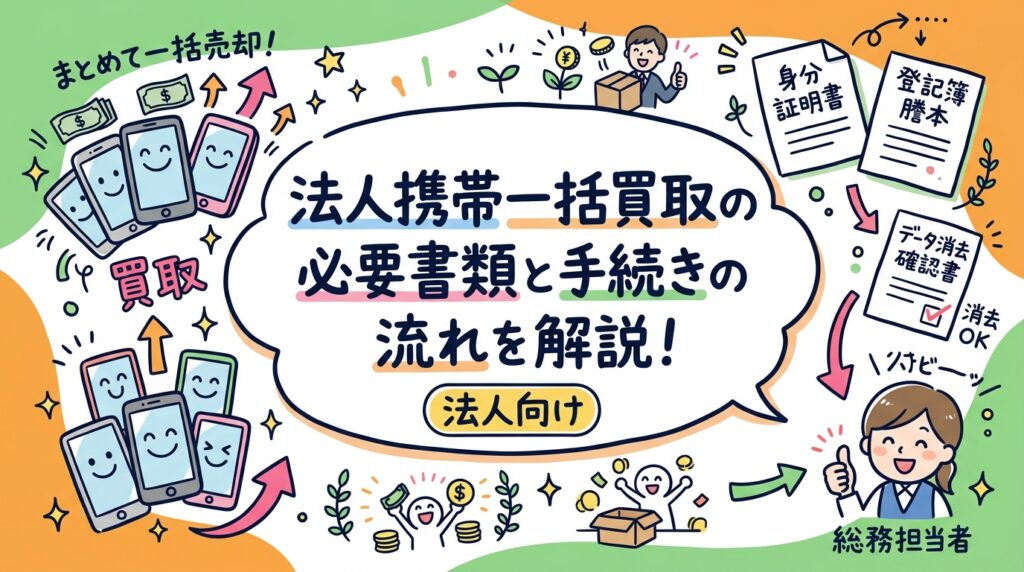 法人として社用携帯を一括売却する際の必要書類・手続きの流れをわかりやすく解説。身分証・法人書類・データ消去確認書の準備から査定・振込まで、総務・経理担当者が迷わず進めるポイントを実務目線で紹介します。