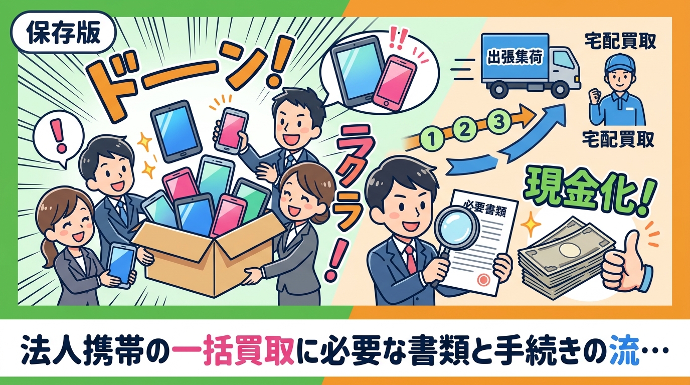 法人として社用スマホを一括買取に出す際の必要書類・申込から入金までのステップを総務・経理担当向けに解説。出張集荷・宅配買取の選択肢と対応範囲も紹介します。